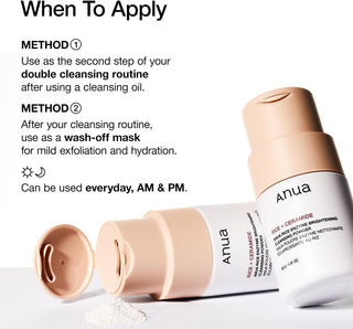 ANUA Rice Enzyme Cleansing Powder - deux flacons ouverts avec poudre versee et conseils d'application matin et soir