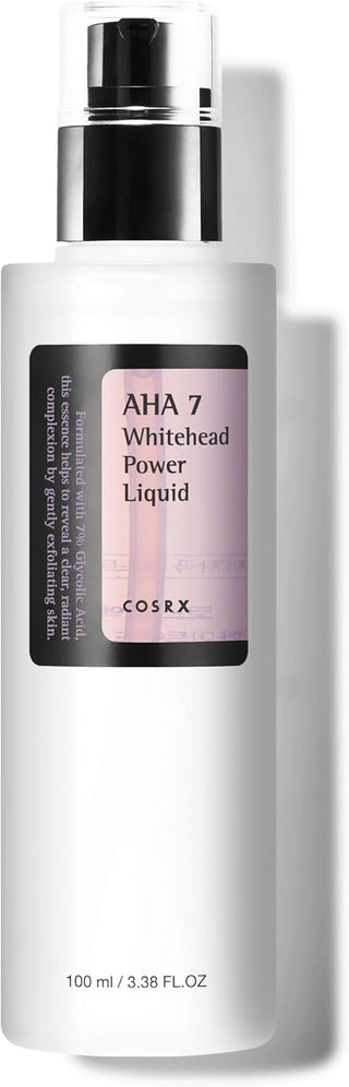 COSRX AHA 7 Whitehead Power Liquid - flacon pompe 100 ml, etiquette mauve et noire sur fond blanc