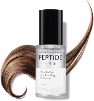 COSRX Peptide-132 Hair Bonding Oil Serum 28 ml - flacon en verre transparent et meche chatain