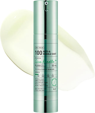 VT Cosmetics Reti-A Reedle Shot 100 flacon airless vert metallise 50ml avec swatch creme en arriere-plan
