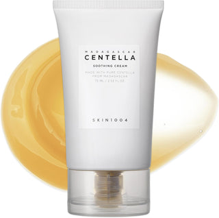 SKIN1004 Centella Soothing Cream 75ml tube blanc devant une goutte de texture gel doree