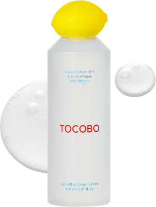 Flacon givré TOCOBO AHA BHA Lemon Toner 150ml avec bouchon citron jaune et gouttes de texture