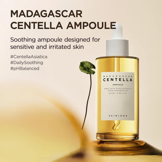 Visuel promotionnel SKIN1004 Centella Ampoule avec feuille de centella et mentions peaux sensibles