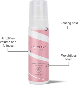 Boucleme Super Volumising Foam - flacon rose avec annotations volume, tenue longue duree et mousse legere