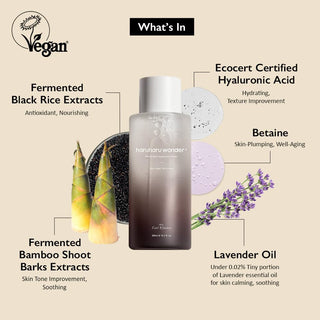Haruharu Wonder Black Rice Hyaluronic Toner - infographie ingredients actifs riz noir, betaine et huile de lavande