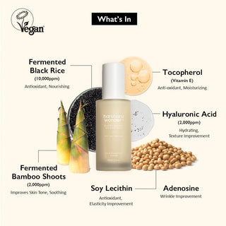 Haruharu Wonder Black Rice Hyaluronic Serum - infographie ingredients actifs riz noir fermente et adenosine