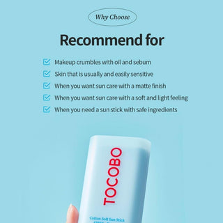 TOCOBO Cotton Soft Sun Stick tenu en main sur fond bleu avec liste des types de peau recommandes