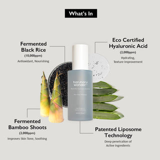 Ingredients Haruharu Wonder Black Rice Essence - riz noir fermente, acide hyaluronique, bambou et aloe