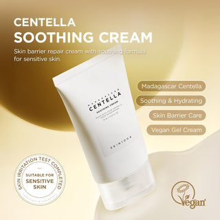 SKIN1004 Centella Soothing Cream - fiche produit avec labels vegan, peaux sensibles et barriere cutanee