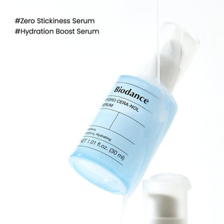 Flacon BIODANCE Hydro Cera-Nol Serum penche avec serum coulant, mentions zero stickiness et hydration boost