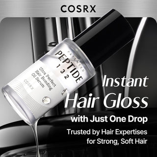 Flacon COSRX Peptide-132 incline versant une goutte de serum sur fond metallique argente