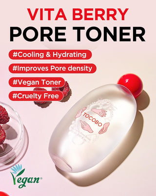 Infographie TOCOBO Vita Berry Pore Toner avec mentions vegan, cruelty free, hydratant et resserrement des pores