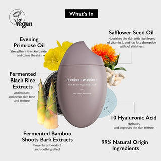 Haruharu Wonder Black Rice Hyaluronic Cream - infographie ingredients cles dont riz noir fermente et acide hyaluronique