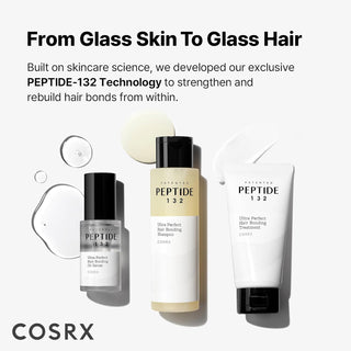 Gamme COSRX Peptide-132 avec serum huile, shampooing et soin reunis sur fond gris clair