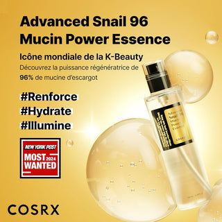 COSRX Snail 96 Mucin Essence - visuel promotionnel avec bulles dorees et badge New York Post Most Wanted