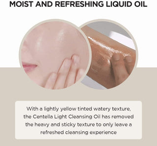 Texture aqueuse et fini frais du SKIN1004 Centella Light Cleansing Oil applique sur visage et main