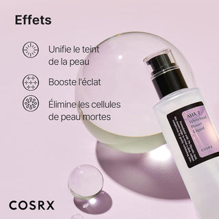 COSRX AHA 7 Power Liquid - flacon et sphere de verre, effets eclat et exfoliation sur fond rose