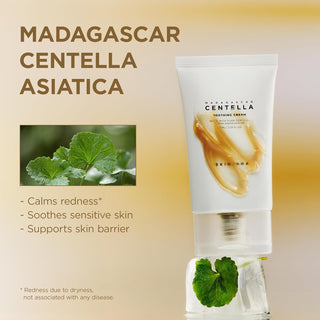 SKIN1004 Centella Cream - infographie centella asiatica de Madagascar avec feuilles vertes et benefices apaisants