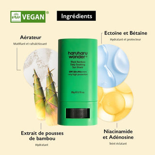 Infographie ingrédients en français du Haruharu Wonder Black Bamboo Sun Shield - label Eve Vegan