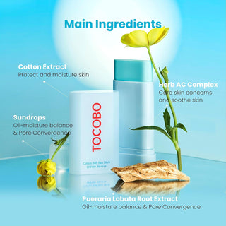 TOCOBO Cotton Soft Sun Stick - ingredients cles coton, Herb AC Complex, Sundrops et Pueraria Lobata