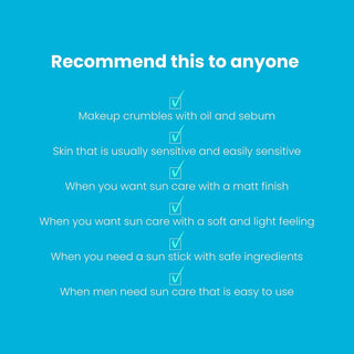 Checklist des recommandations TOCOBO Cotton Soft Sun Stick sur fond turquoise - fini mat et texture legere