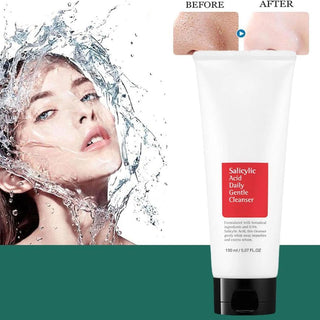 COSRX Low pH Good Morning Cleanser - tube avec visage eclabousse d'eau et comparaison pores avant apres