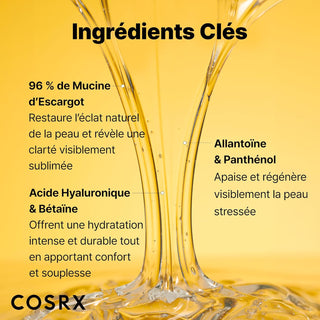 Ingredients cles COSRX Snail Mucin - 96% mucine d'escargot, acide hyaluronique et panthenol sur fond dore