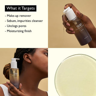 Haruharu Wonder Black Rice Deep Cleansing Oil - mosaique demaquillage, texture huile et liste des cibles du produit