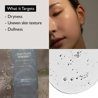 Collage Haruharu Wonder Black Rice Essence - visage hydrate, flacon sous l'eau et texture gel au microscope