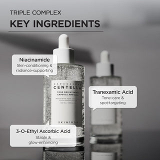 Infographie SKIN1004 Centella Ampoule - triple complexe niacinamide, acide tranexamique et vitamine C stabilisée
