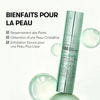 VT Cosmetics Reedle Shot 100 flacon vert avec bulles transparentes et liste des bienfaits peau en francais