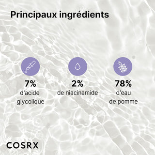 COSRX AHA 7 Whitehead Power Liquid - principaux ingredients 7% acide glycolique, 2% niacinamide, 78% eau de pomme