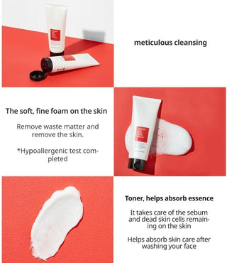 COSRX Low pH Good Morning Cleanser - mousse fine et texture gel sur fond rouge, test hypoallergenique