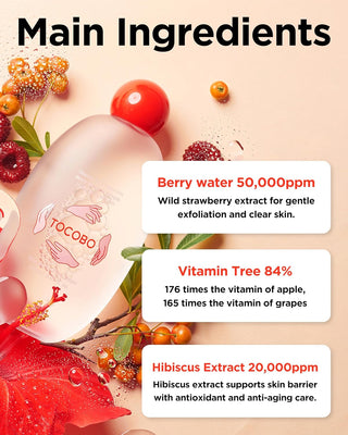 Ingredients cles du TOCOBO Vita Berry Pore Toner - berry water, vitamin tree 84% et hibiscus 20000ppm