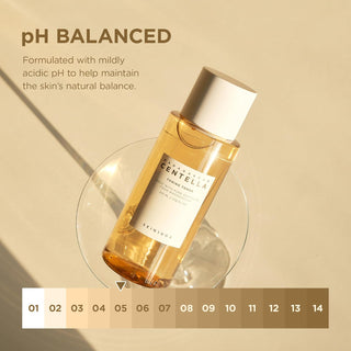 SKIN1004 Centella Toning Toner - echelle pH equilibre avec nuancier de teintes sur fond beige