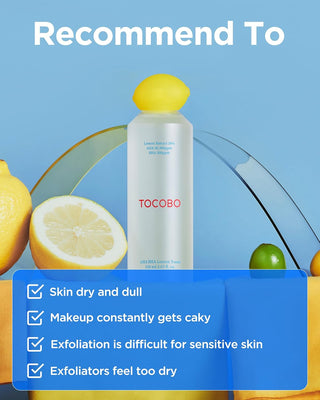Flacon TOCOBO AHA BHA Lemon Toner sur fond bleu avec citrons et liste des types de peau recommandes