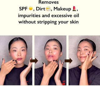 Demonstration avant-apres du Haruharu Wonder Black Rice Deep Cleansing Oil sur le visage en trois etapes