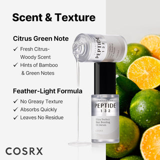 Flacon COSRX Peptide-132 parmi des agrumes verts avec details parfum et texture legere sans residus