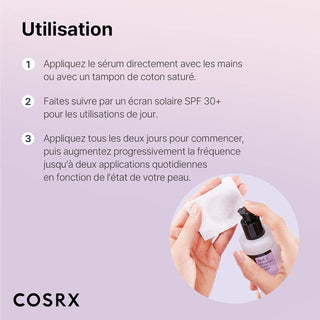 COSRX AHA 7 Whitehead Power Liquid - guide d'utilisation en 3 etapes avec coton et flacon