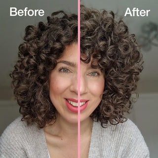 Boucleme Super Volumising Foam - avant-apres sur cheveux boucles bruns montrant volume et definition