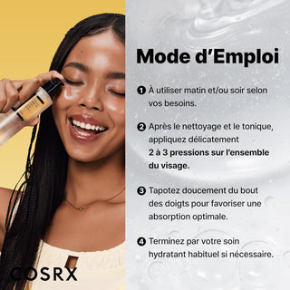 Mode d'emploi COSRX Snail Mucin Essence en 4 etapes avec application sur le visage, fond jaune