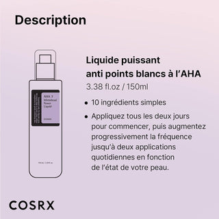 COSRX AHA 7 Whitehead Power Liquid - description du flacon 100ml avec formule a 10 ingredients