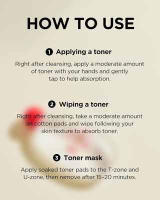 Guide d'utilisation du TOCOBO Vita Berry Pore Toner en trois etapes - application, coton et masque tonique