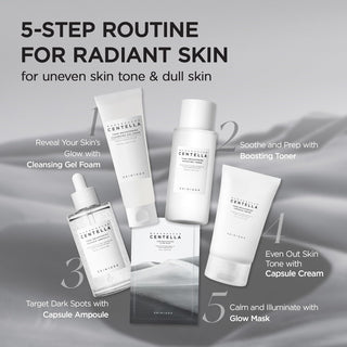 Routine éclat SKIN1004 en 5 étapes - gel nettoyant, toner, ampoule capsule, masque glow et crème centella