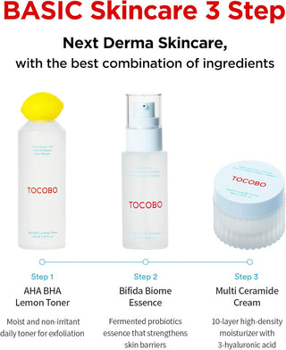 Routine TOCOBO en 3 etapes - AHA BHA Lemon Toner, Bifida Biome Essence et Multi Ceramide Cream