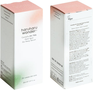 Packaging Haruharu Wonder Centella 4% TXA Dark Spot Serum - boite rose et blanche recto verso avec liste INCI