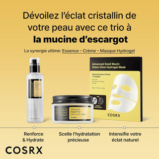 Trio COSRX mucine d'escargot - Essence, Creme All in One et Masque Hydrogel sur fond dore