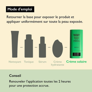 Mode d'emploi du stick Haruharu Wonder Black Bamboo Sun Shield avec routine skincare en 5 étapes