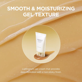 SKIN1004 Centella Cream - visuel texture gel hydratant lisse et non collant sur fond dore