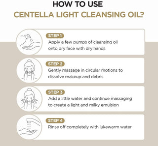 SKIN1004 Centella Light Cleansing Oil - guide en 4 etapes illustrees pour utiliser l'huile nettoyante